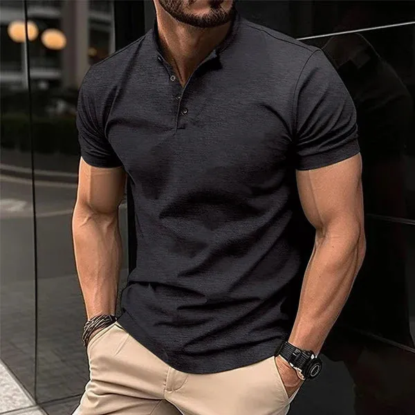 MEN'S SOLID COLOR BUTTON HENLEY NECK SPORTS POLO SHIRT