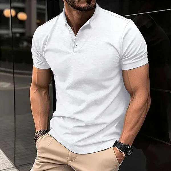 MEN'S SOLID COLOR BUTTON HENLEY NECK SPORTS POLO SHIRT