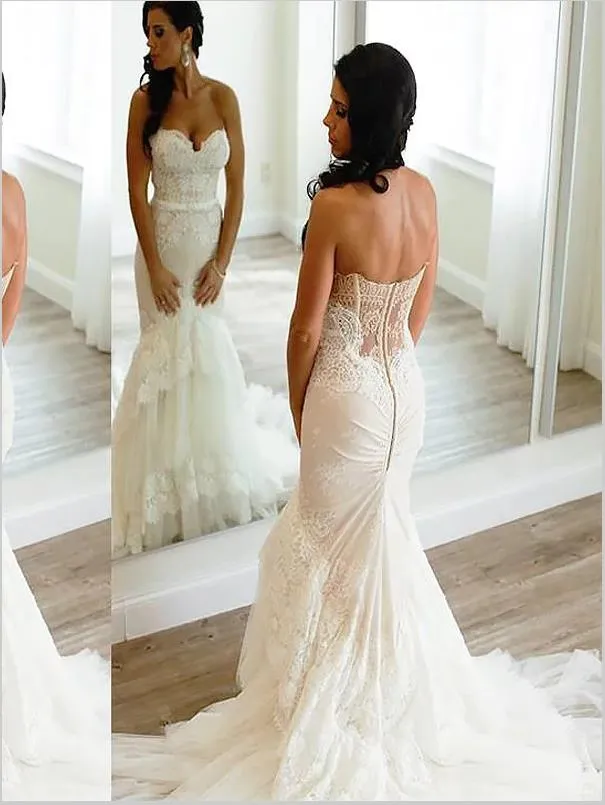 Mermaid Lace Tulle Wedding Dresses,Court Train Sleeveless Wedding Dresses