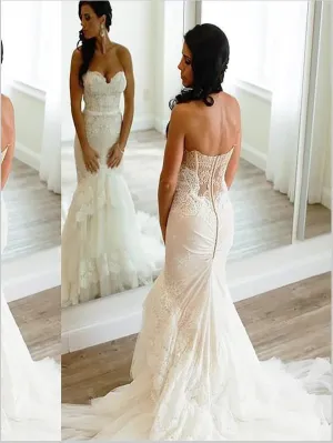 Mermaid Lace Tulle Wedding Dresses,Court Train Sleeveless Wedding Dresses