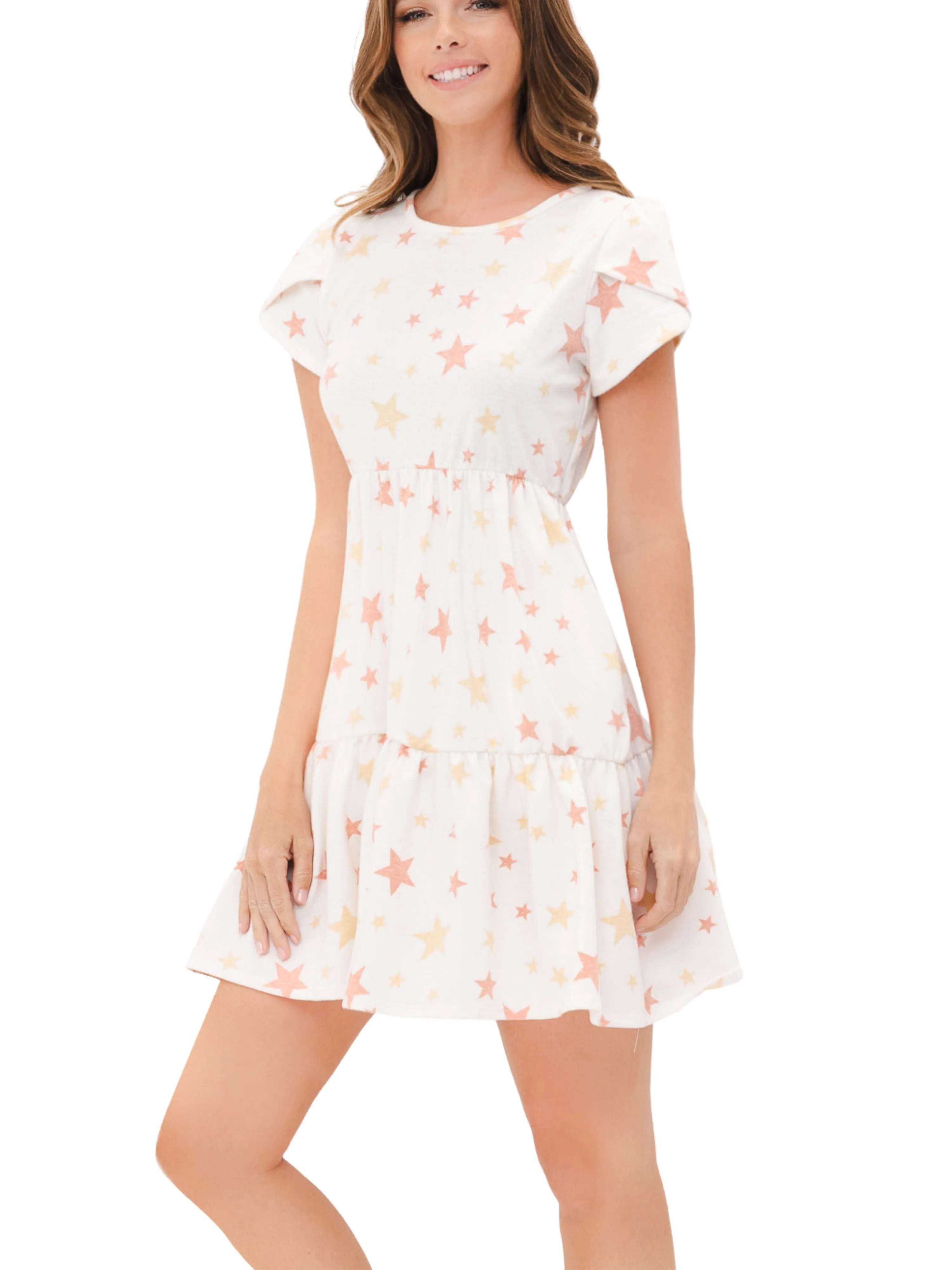 MINT PLUS PINK Women Petal Short Sleeve Pocket Casual Ruffle Loose Swing Casual Dress