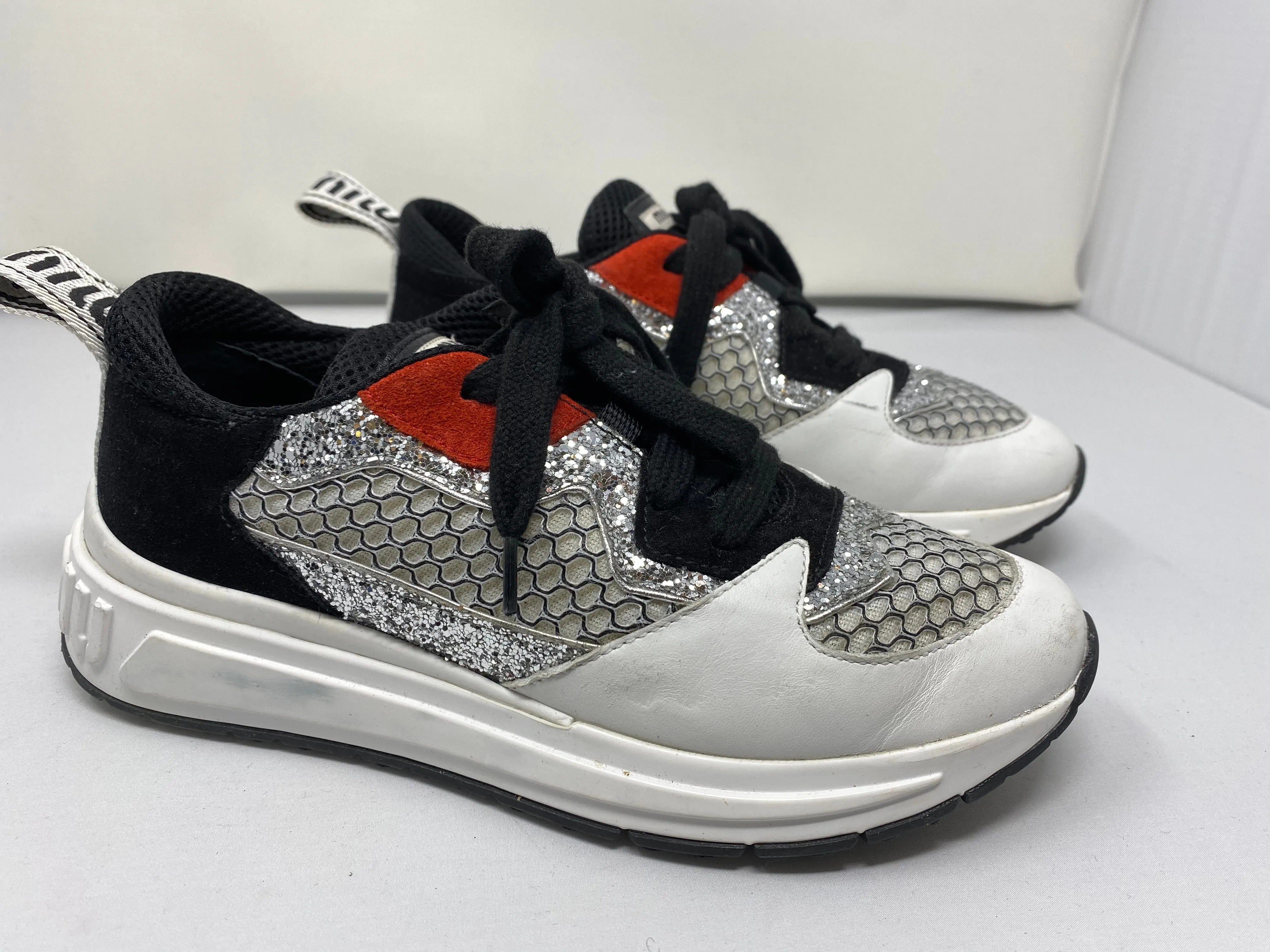 Miu Miu Sneaker with Silver Glitter White Leather and Black Suede