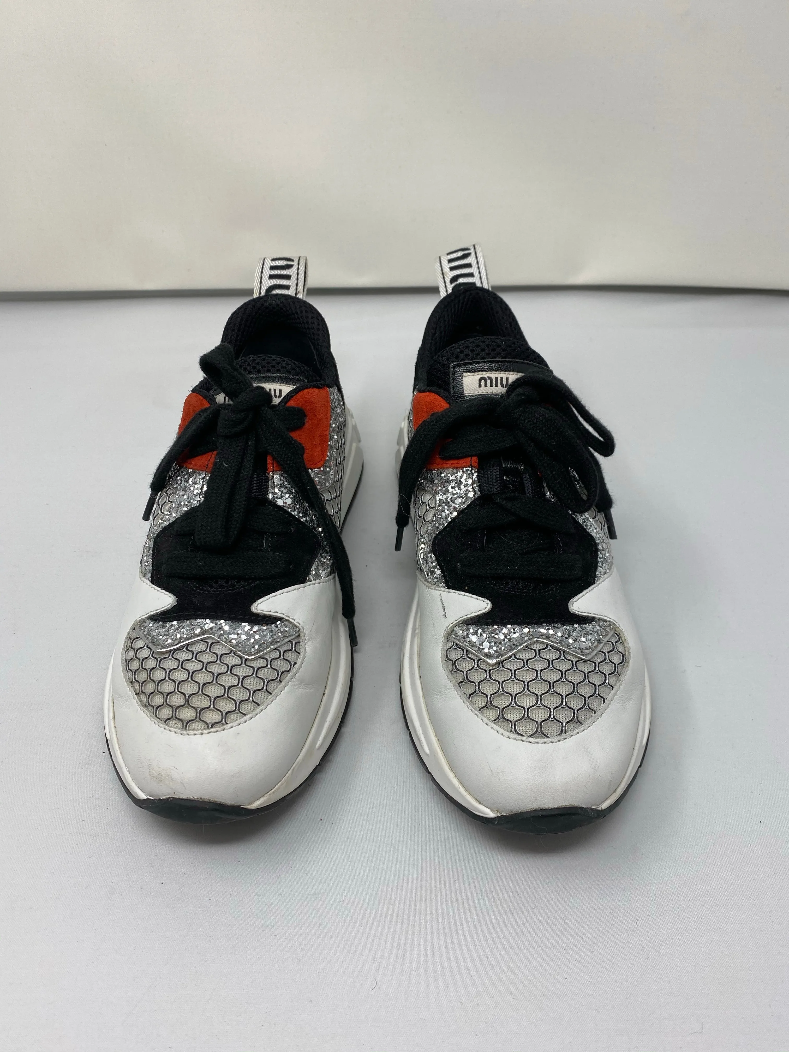 Miu Miu Sneaker with Silver Glitter White Leather and Black Suede