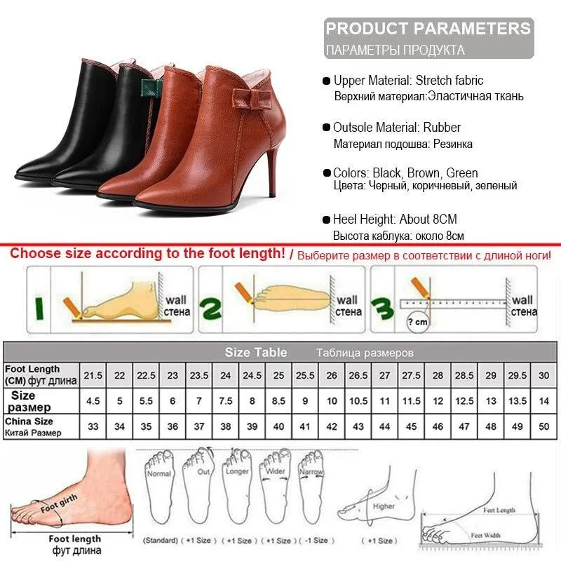 nature leather stiletto boots women pointed toe high heels 8cm butterfly knot ankle boots green ladies shoes