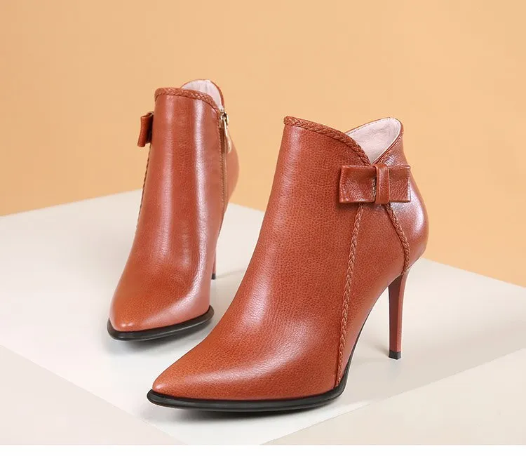 nature leather stiletto boots women pointed toe high heels 8cm butterfly knot ankle boots green ladies shoes