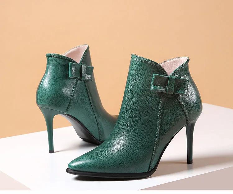 nature leather stiletto boots women pointed toe high heels 8cm butterfly knot ankle boots green ladies shoes