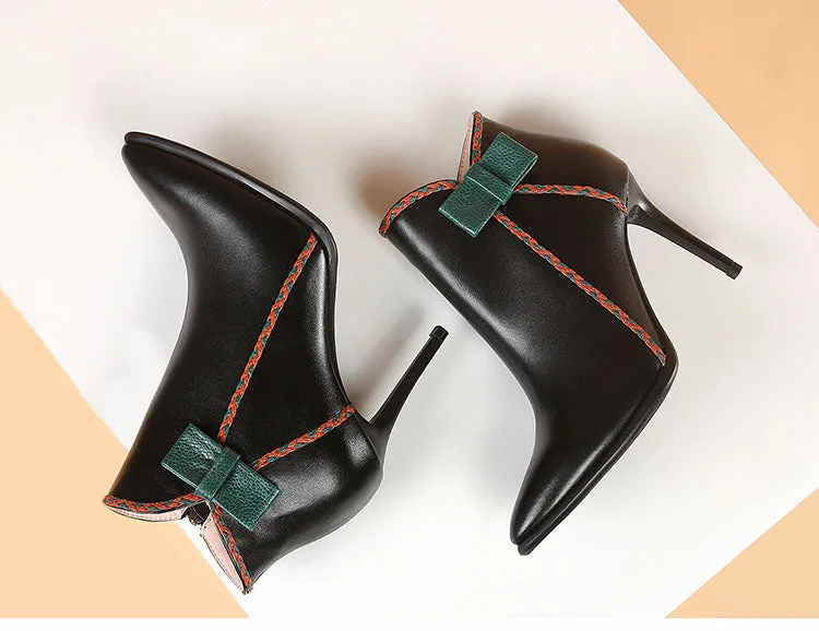 nature leather stiletto boots women pointed toe high heels 8cm butterfly knot ankle boots green ladies shoes