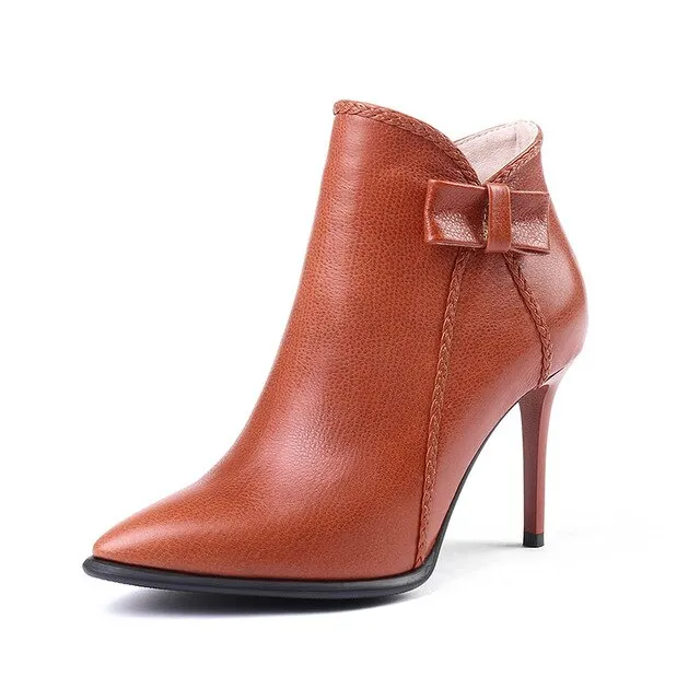 nature leather stiletto boots women pointed toe high heels 8cm butterfly knot ankle boots green ladies shoes