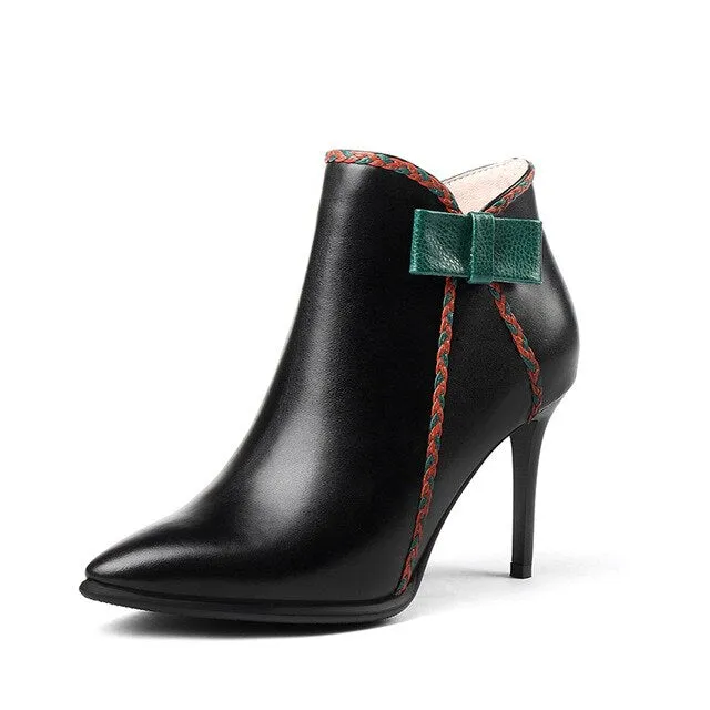 nature leather stiletto boots women pointed toe high heels 8cm butterfly knot ankle boots green ladies shoes