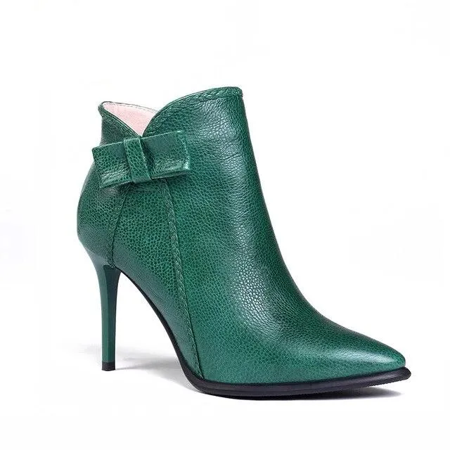 nature leather stiletto boots women pointed toe high heels 8cm butterfly knot ankle boots green ladies shoes