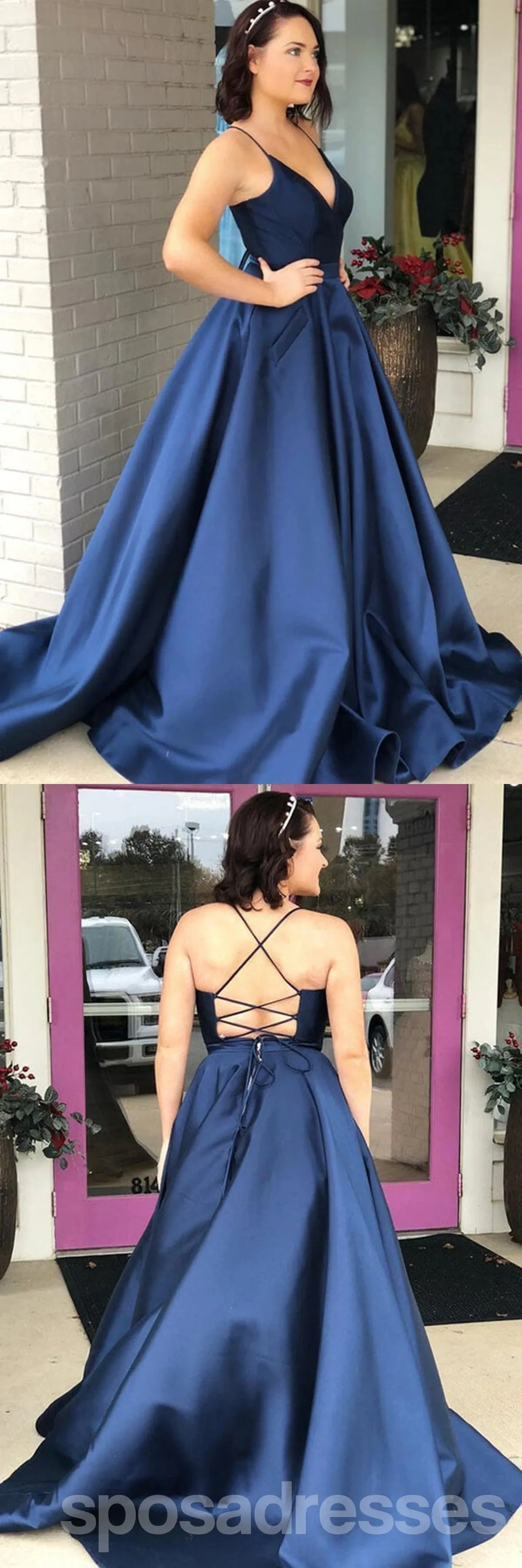 Navy Blue A-line Spaghetti Straps V-neck Cheap Long Prom Dresses,12832