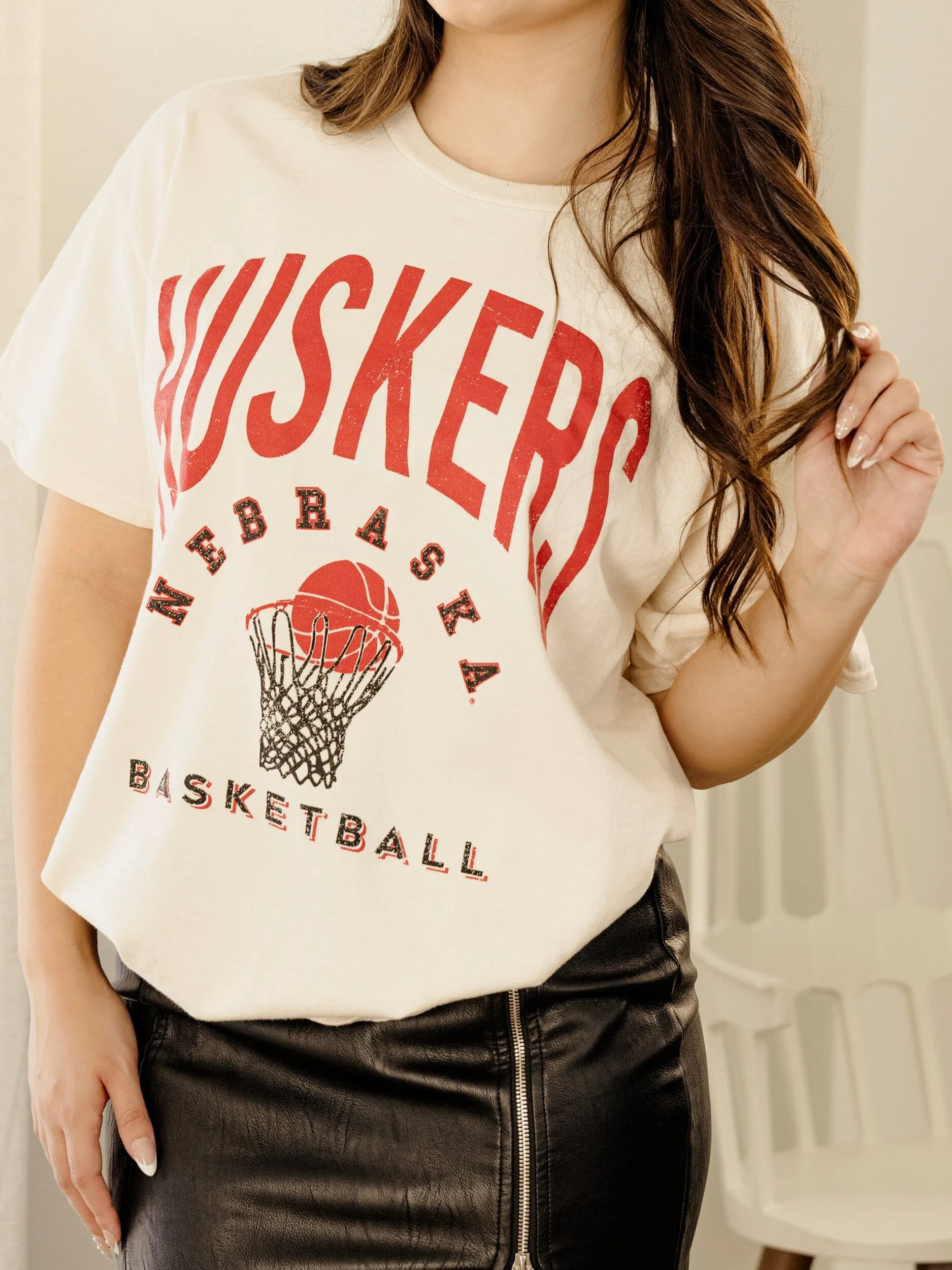 Nebraska Huskers Basketball Athletics Off White Thrifted Tee