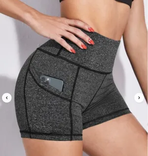 New Shein Yoga Trendy Wide Band Waist Sports Shorts With Phone Pocket Dark Grey, Sz XL