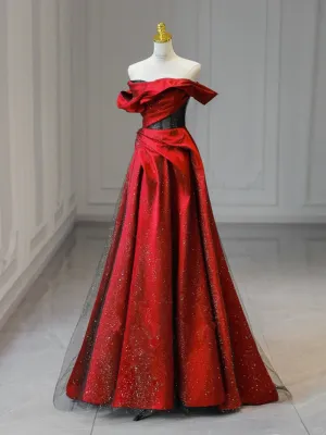 Off Shoulder Black and Satin A-line Unique Party Dress, Satin Long Evening Dress