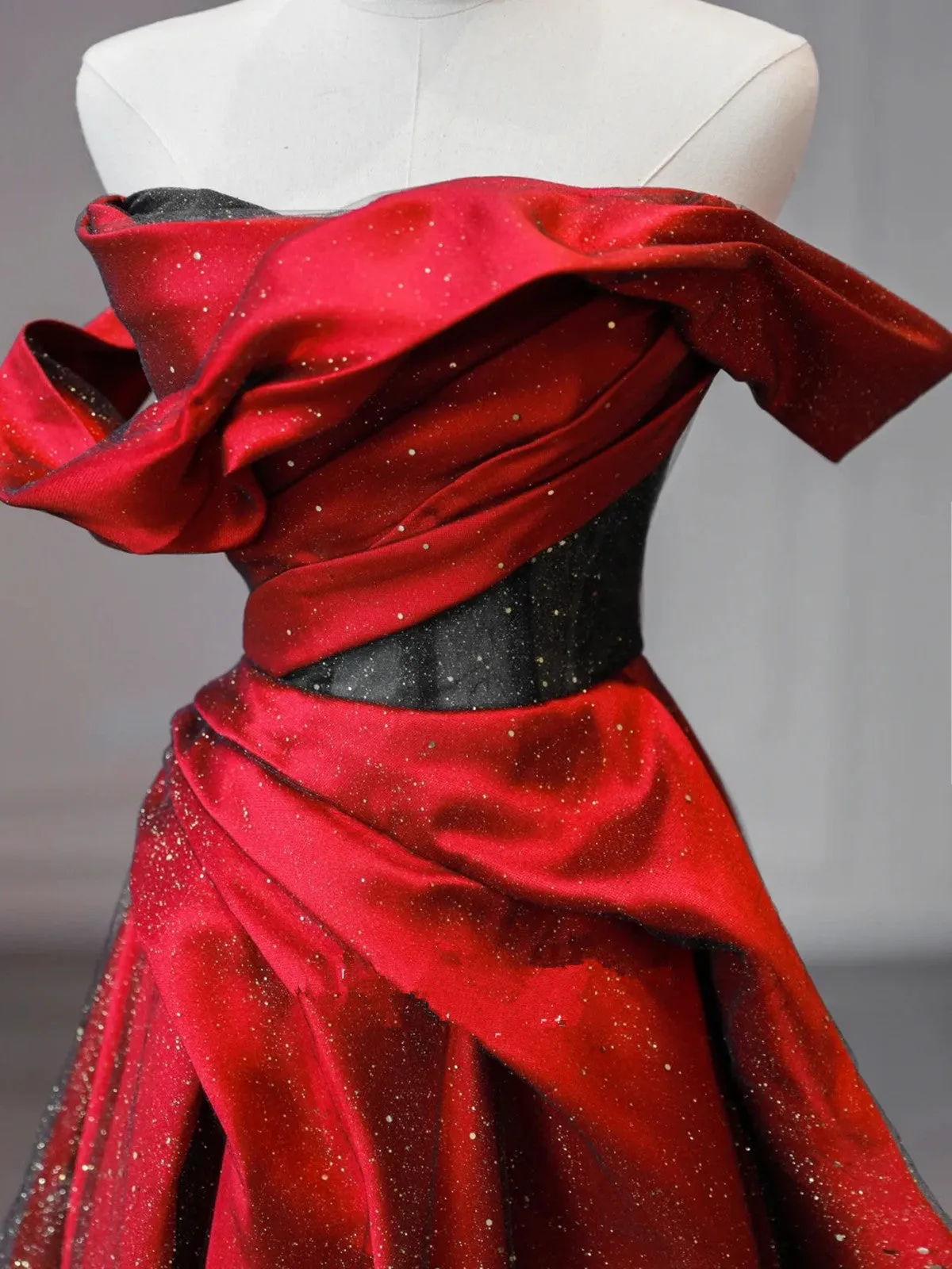 Off Shoulder Black and Satin A-line Unique Party Dress, Satin Long Evening Dress