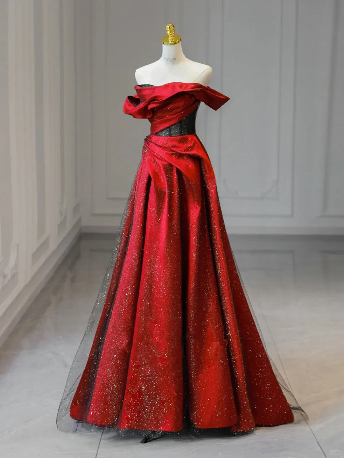 Off Shoulder Black and Satin A-line Unique Party Dress, Satin Long Evening Dress