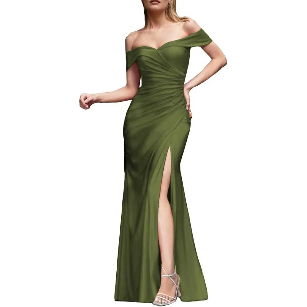 Off Shoulder Satin Bridesmaid Dresses Mermaid Prom Dress High Split Wedding Ball Gowns