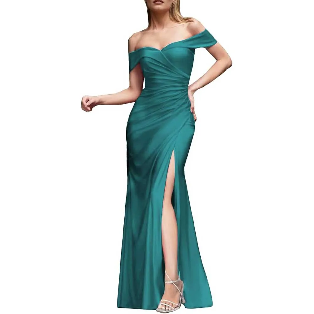 Off Shoulder Satin Bridesmaid Dresses Mermaid Prom Dress High Split Wedding Ball Gowns