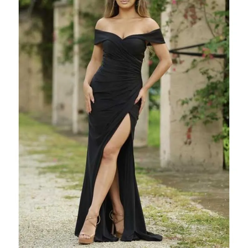 Off Shoulder Satin Bridesmaid Dresses Mermaid Prom Dress High Split Wedding Ball Gowns