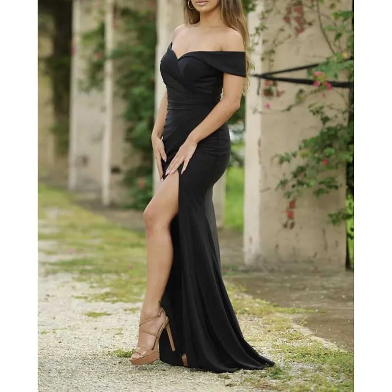 Off Shoulder Satin Bridesmaid Dresses Mermaid Prom Dress High Split Wedding Ball Gowns