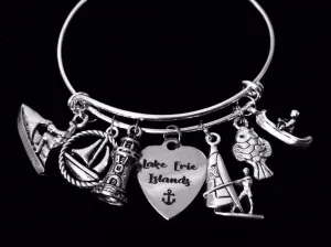 Ohio Lake Erie Islands Jewelry Water Sports Expandable Charm Bracelet Silver Adjustable Bangle One Size Fits All Gift Jet Ski Wind Surfing Kayak Canoe Light House Sailing Fishing