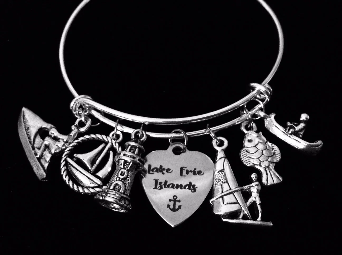 Ohio Lake Erie Islands Jewelry Water Sports Expandable Charm Bracelet Silver Adjustable Bangle One Size Fits All Gift Jet Ski Wind Surfing Kayak Canoe Light House Sailing Fishing