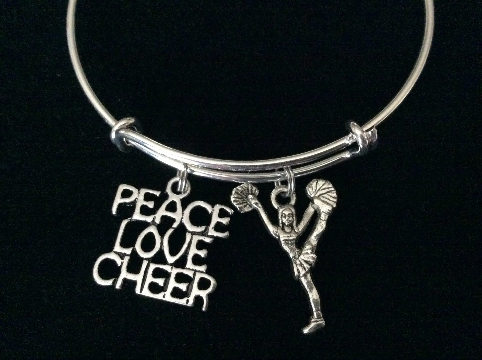 Peace Love Cheer Expandable Silver Charm Bracelet Cheerleader Adjustable Graduation Gift