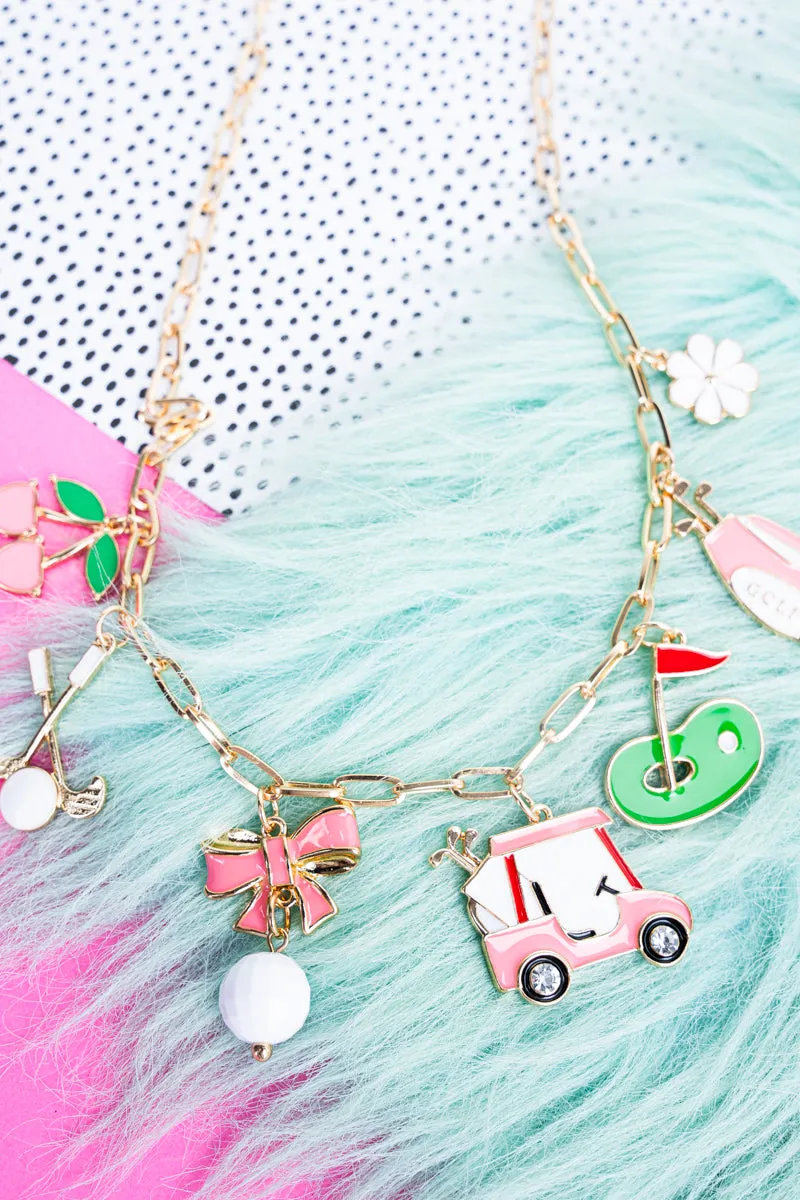 Pink Golf Goldtone Charm Necklace