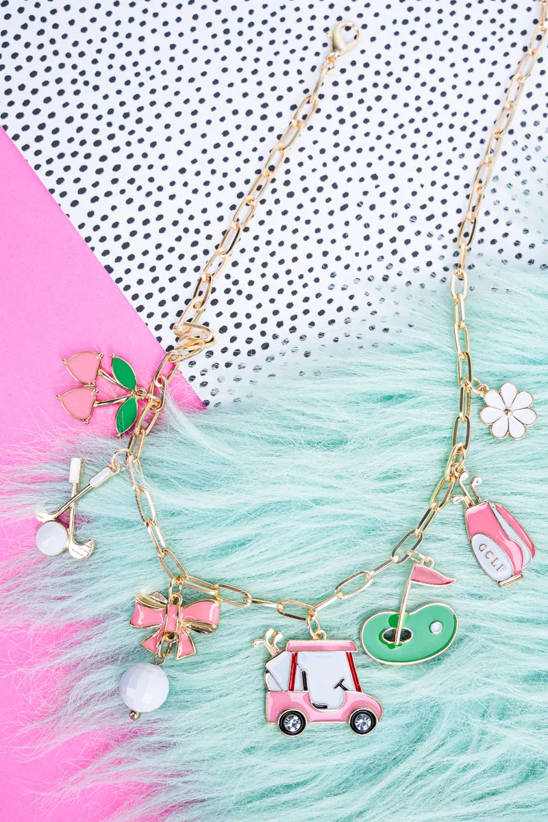 Pink Golf Goldtone Charm Necklace