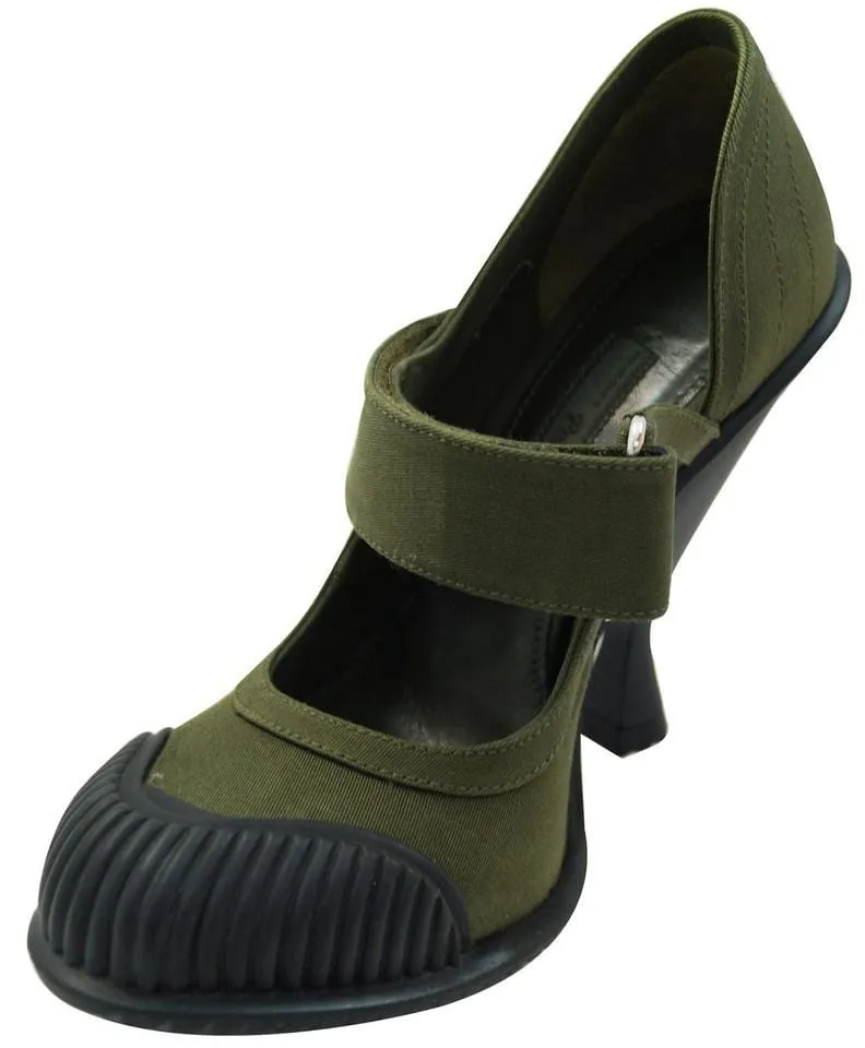 PRADA Militare Gabardine Mary Jane Rubber Cap Heel Pumps Green - Sale