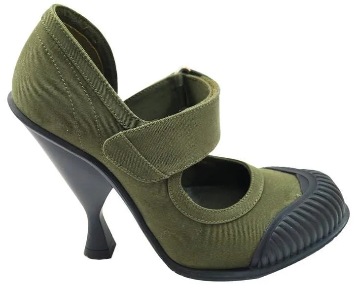 PRADA Militare Gabardine Mary Jane Rubber Cap Heel Pumps Green - Sale