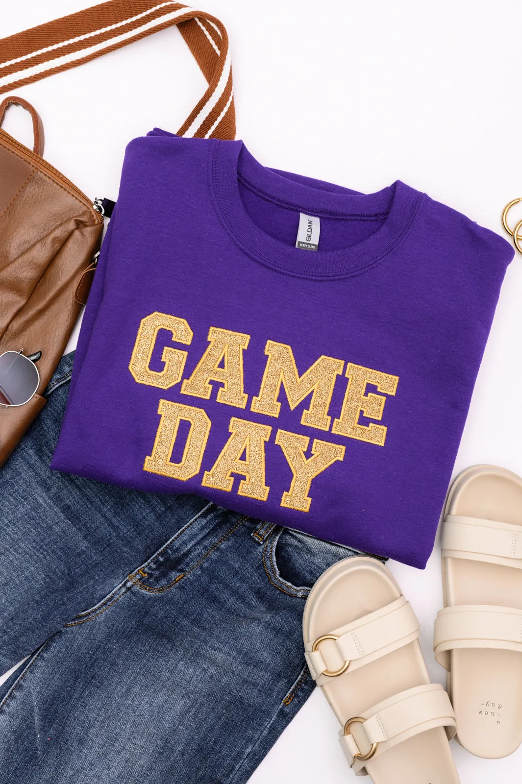 PREORDER: Embroidered Glitter Game Day Sweatshirt in Purple/Old Gold