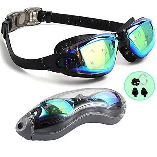 PrimAlite Swimming Goggles Silicone Anti-Fog, UV Protection for Adults Men Women Kids with Protection Case Kit- No Leaking Swim Glasses Professional Adjustable Strap Comfort fit- Aqua Black