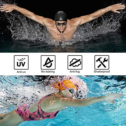 PrimAlite Swimming Goggles Silicone Anti-Fog, UV Protection for Adults Men Women Kids with Protection Case Kit- No Leaking Swim Glasses Professional Adjustable Strap Comfort fit- Aqua Black