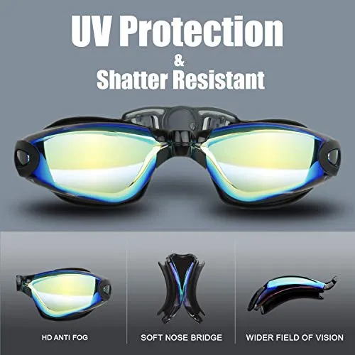 PrimAlite Swimming Goggles Silicone Anti-Fog, UV Protection for Adults Men Women Kids with Protection Case Kit- No Leaking Swim Glasses Professional Adjustable Strap Comfort fit- Aqua Black