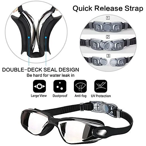 PrimAlite Swimming Goggles Silicone Anti-Fog, UV Protection for Adults Men Women Kids with Protection Case Kit- No Leaking Swim Glasses Professional Adjustable Strap Comfort fit- Aqua Black
