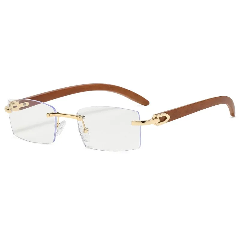Rectangle Fashion Rimless Sunglasses for Women Men Gangster 90s Frameless Shades Retro Vintage Trendy Wooden Frame Eyewear