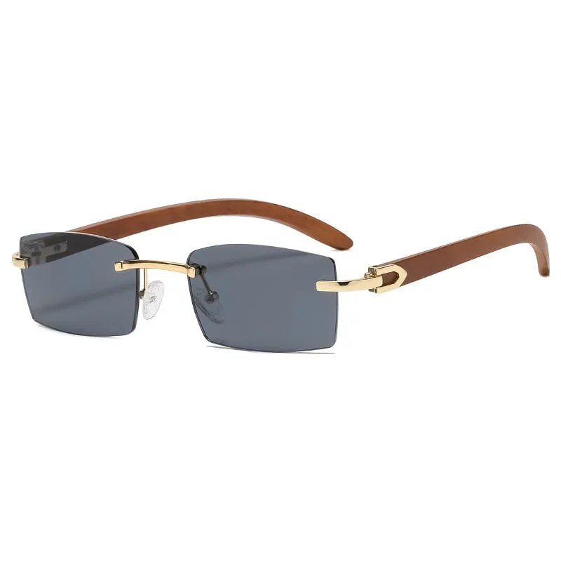 Rectangle Fashion Rimless Sunglasses for Women Men Gangster 90s Frameless Shades Retro Vintage Trendy Wooden Frame Eyewear