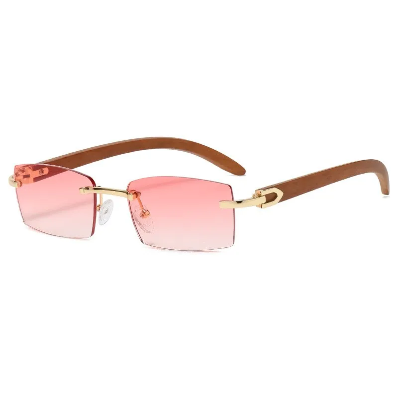 Rectangle Fashion Rimless Sunglasses for Women Men Gangster 90s Frameless Shades Retro Vintage Trendy Wooden Frame Eyewear