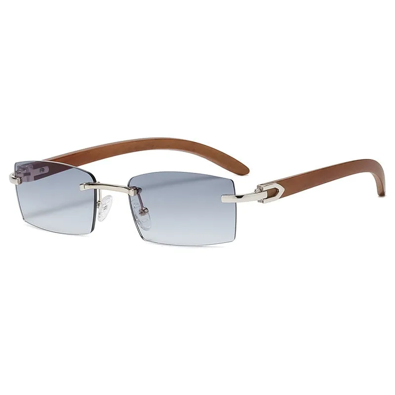 Rectangle Fashion Rimless Sunglasses for Women Men Gangster 90s Frameless Shades Retro Vintage Trendy Wooden Frame Eyewear