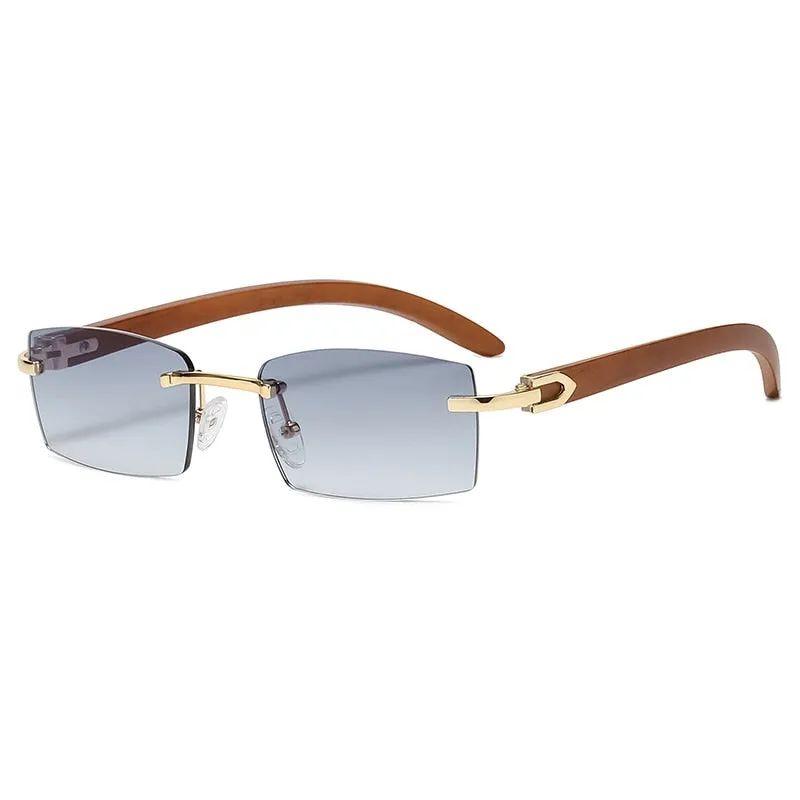 Rectangle Fashion Rimless Sunglasses for Women Men Gangster 90s Frameless Shades Retro Vintage Trendy Wooden Frame Eyewear