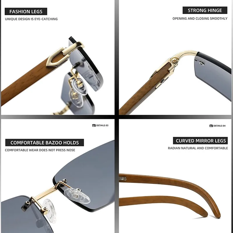 Rectangle Fashion Rimless Sunglasses for Women Men Gangster 90s Frameless Shades Retro Vintage Trendy Wooden Frame Eyewear