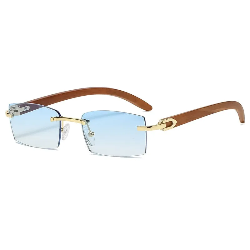 Rectangle Fashion Rimless Sunglasses for Women Men Gangster 90s Frameless Shades Retro Vintage Trendy Wooden Frame Eyewear