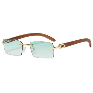 Rectangle Fashion Rimless Sunglasses for Women Men Gangster 90s Frameless Shades Retro Vintage Trendy Wooden Frame Eyewear