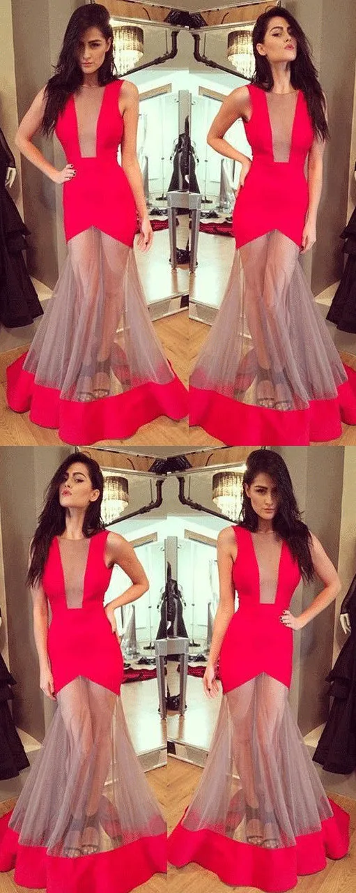 Red Long Mermaid Unique Prom Dress,Formal Evening Dresse OKE49