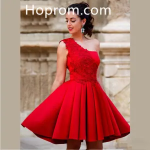Red Mini A Line Homecoming Dresses One Shoulder Beautiful Lace Short Party Dresses For Graduation