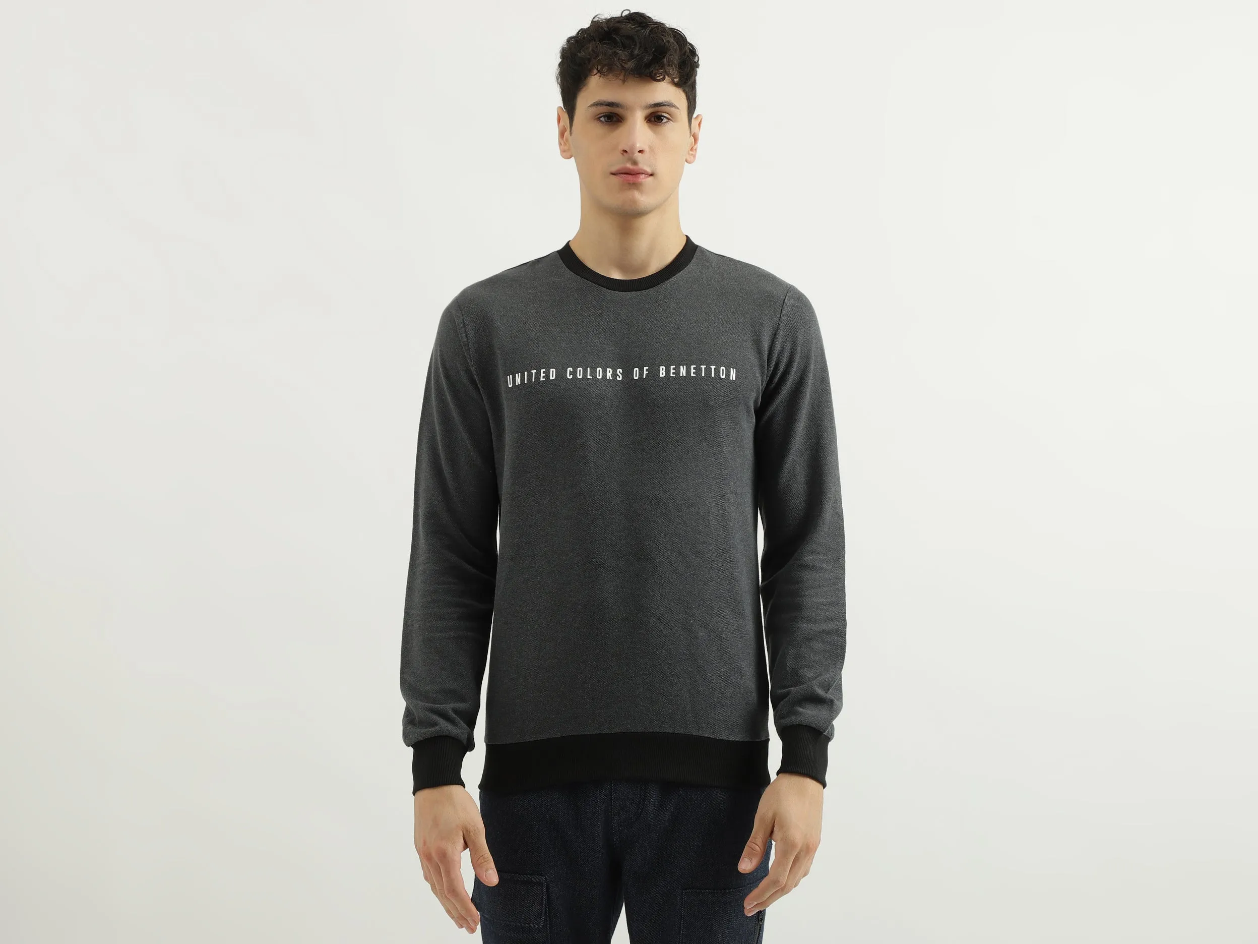 Regular Fit Round Neck Contrast Rib Branded Sweatshirt