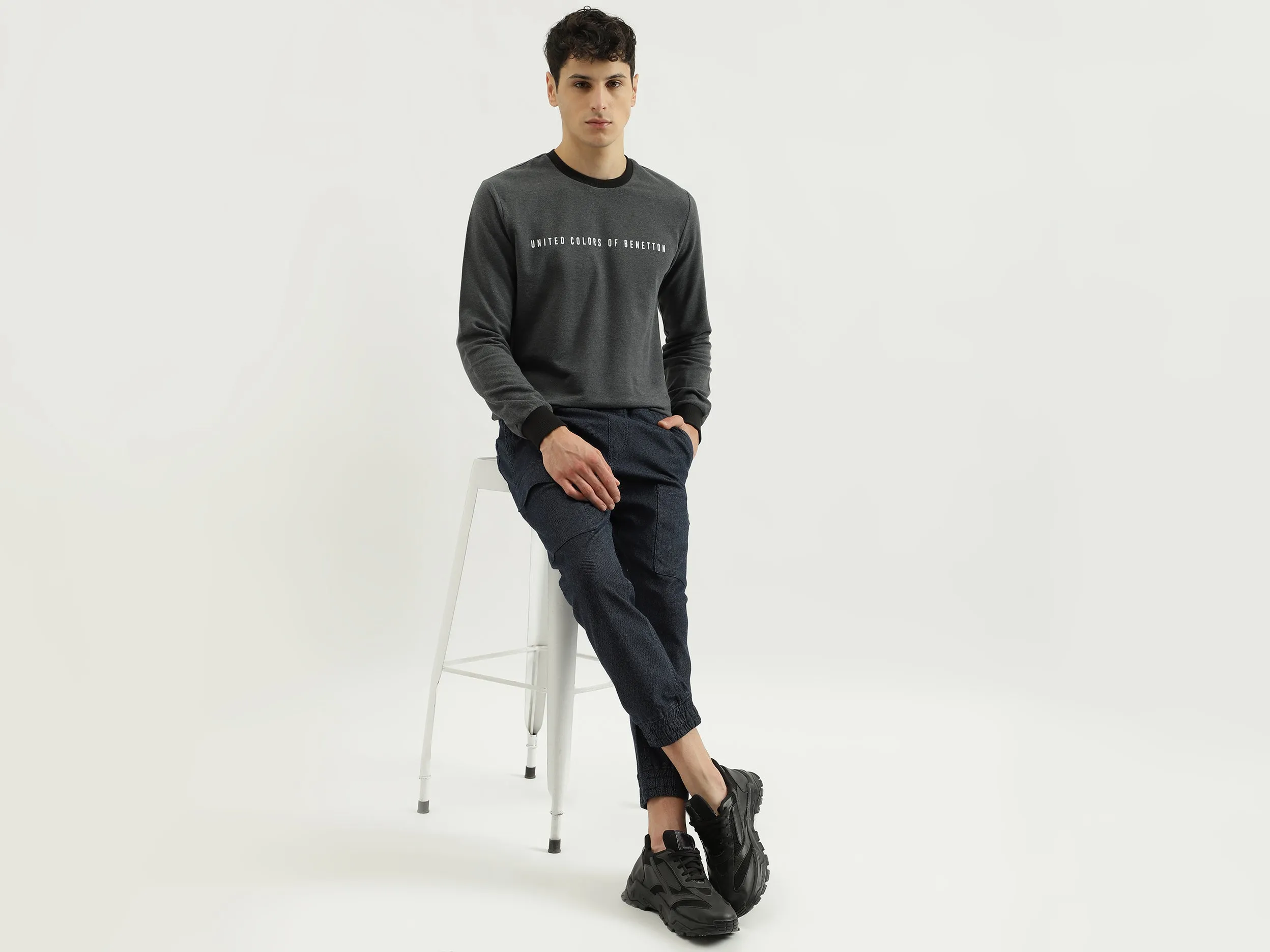 Regular Fit Round Neck Contrast Rib Branded Sweatshirt