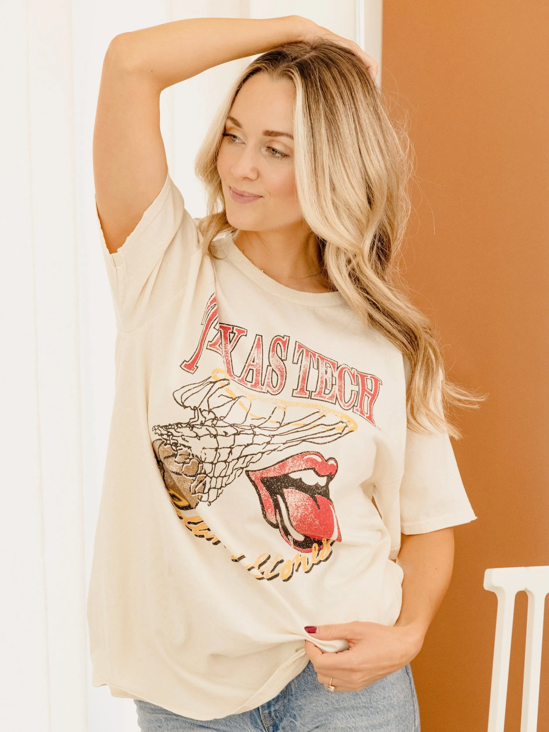 Rolling Stones Texas Tech Basketball Net Off White Thrifted Tee