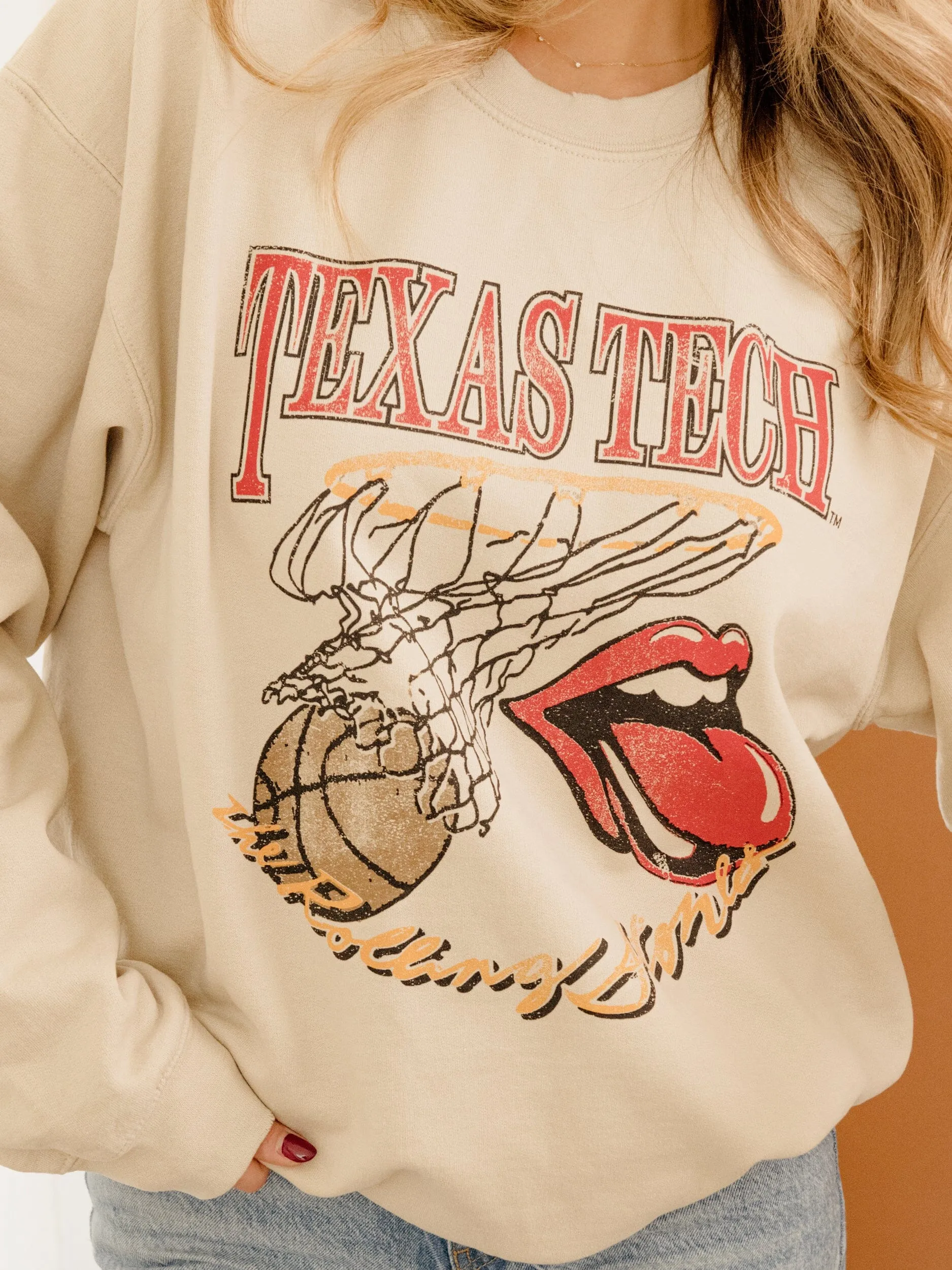 Rolling Stones Texas Tech Basketball Net Sand Thrifted Sweatshirt